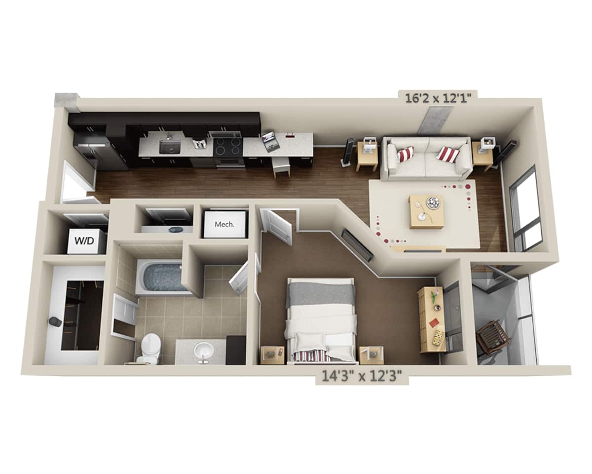 Floorplan diagram for One Bedroom A1B, showing 1 bedroom