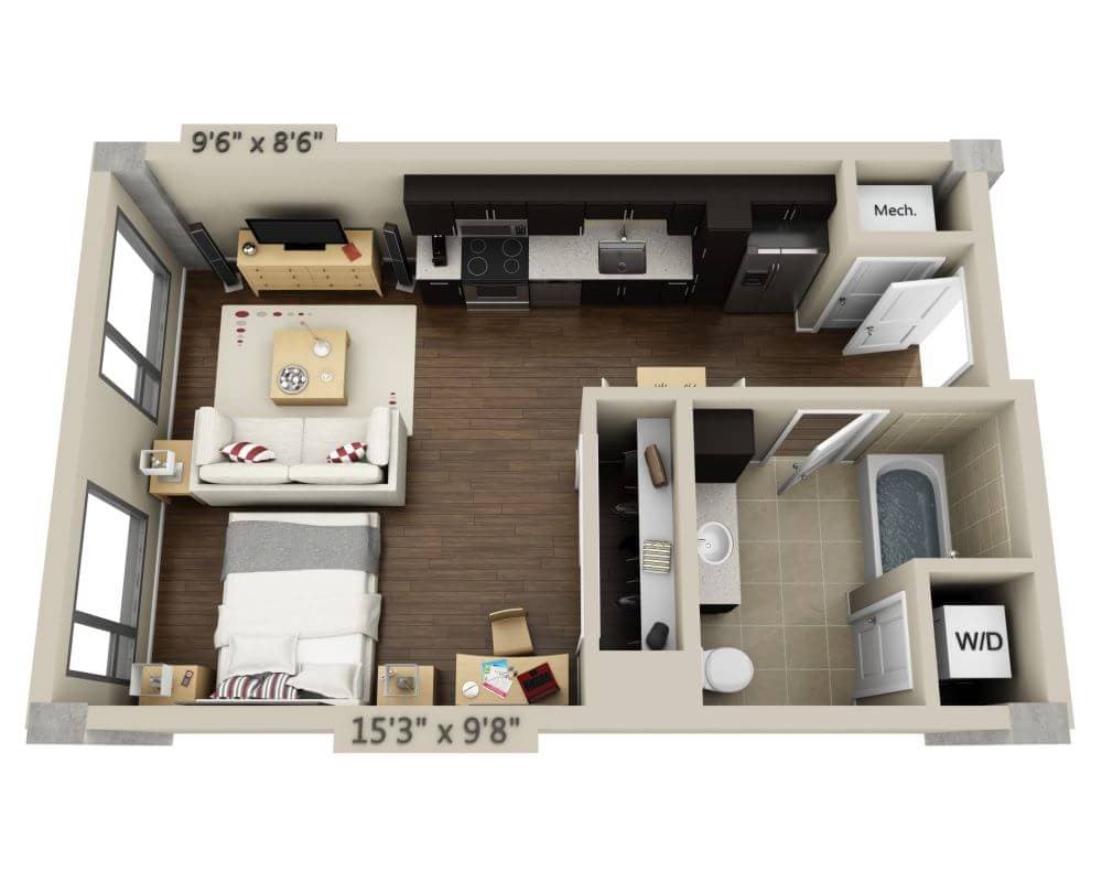 Telpu plānojuma diagramma: Studio E1B; rāda: Studijas tipa dzīvoklis