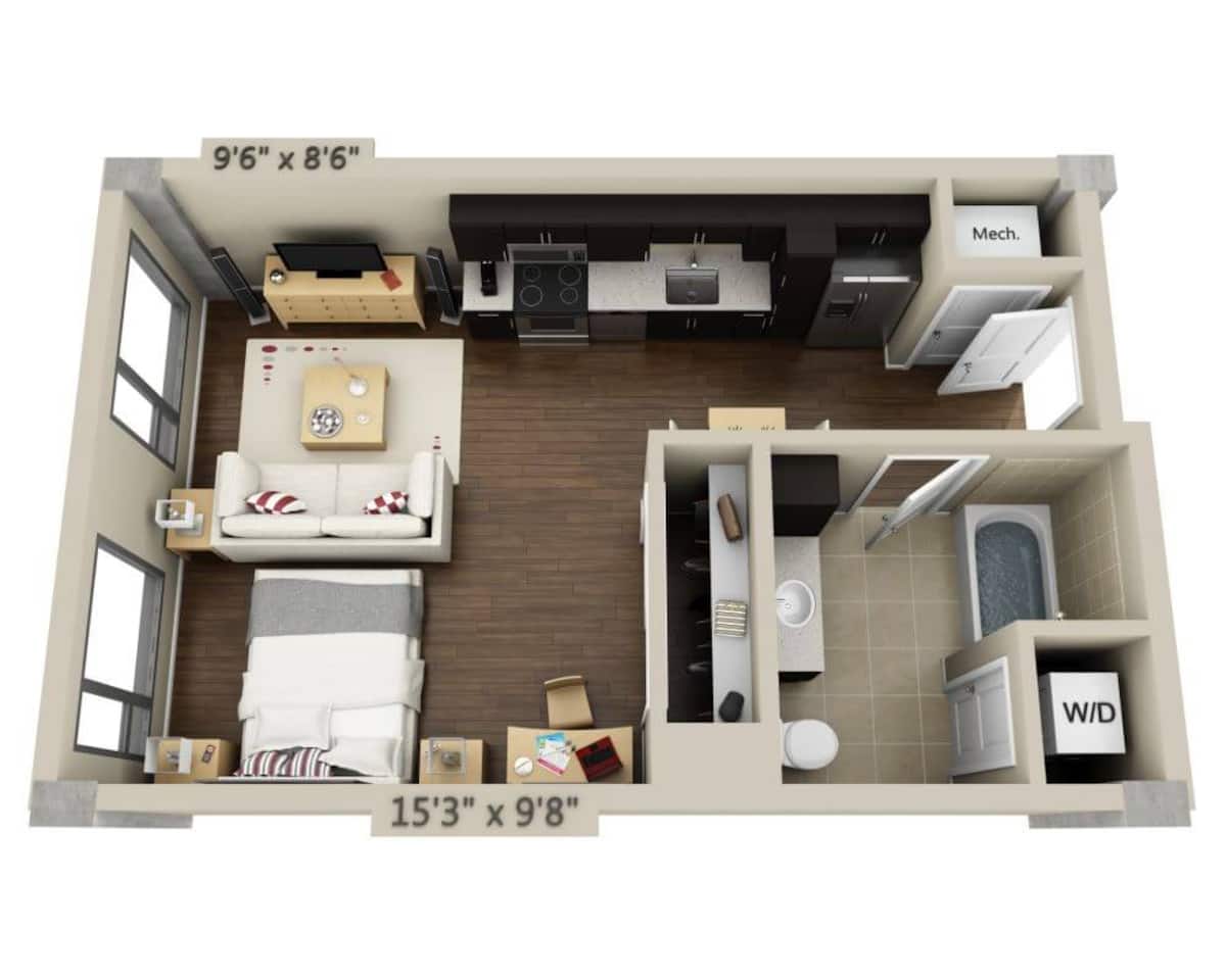 Floorplan diagram for Studio E1B, showing Studio