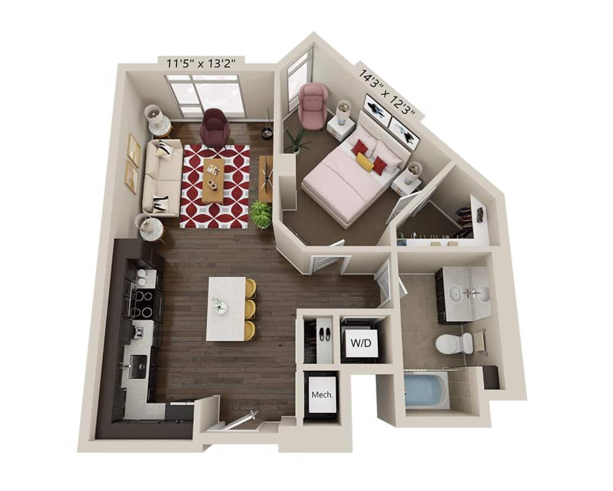 Floorplan diagram for One Bedroom A1E, showing 1 bedroom