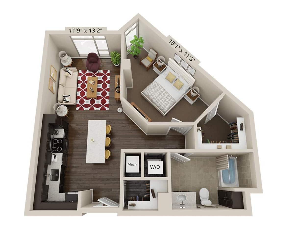 Floorplan diagram for One Bedroom A1J, showing 1 bedroom