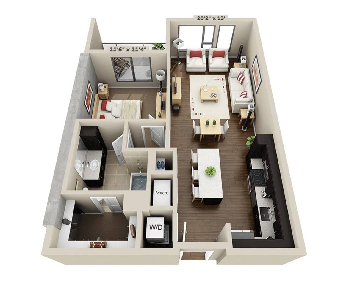 Floorplan diagram for One Bedroom A1K, showing 1 bedroom