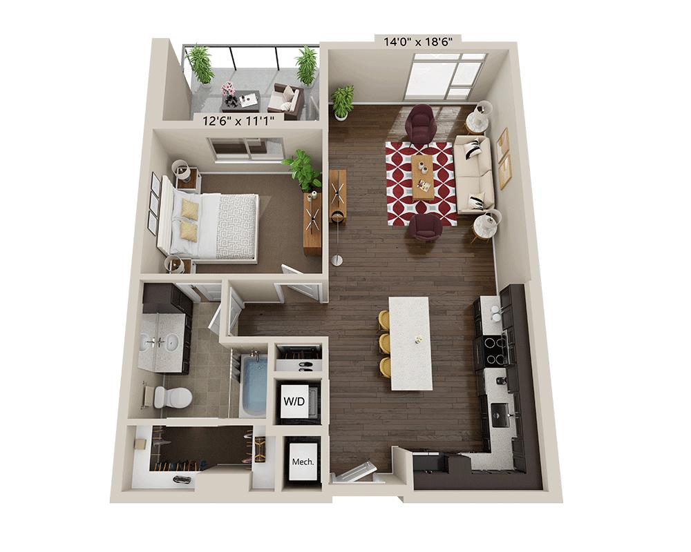 Plano de One Bedroom A1M, que muestra 1 habitación