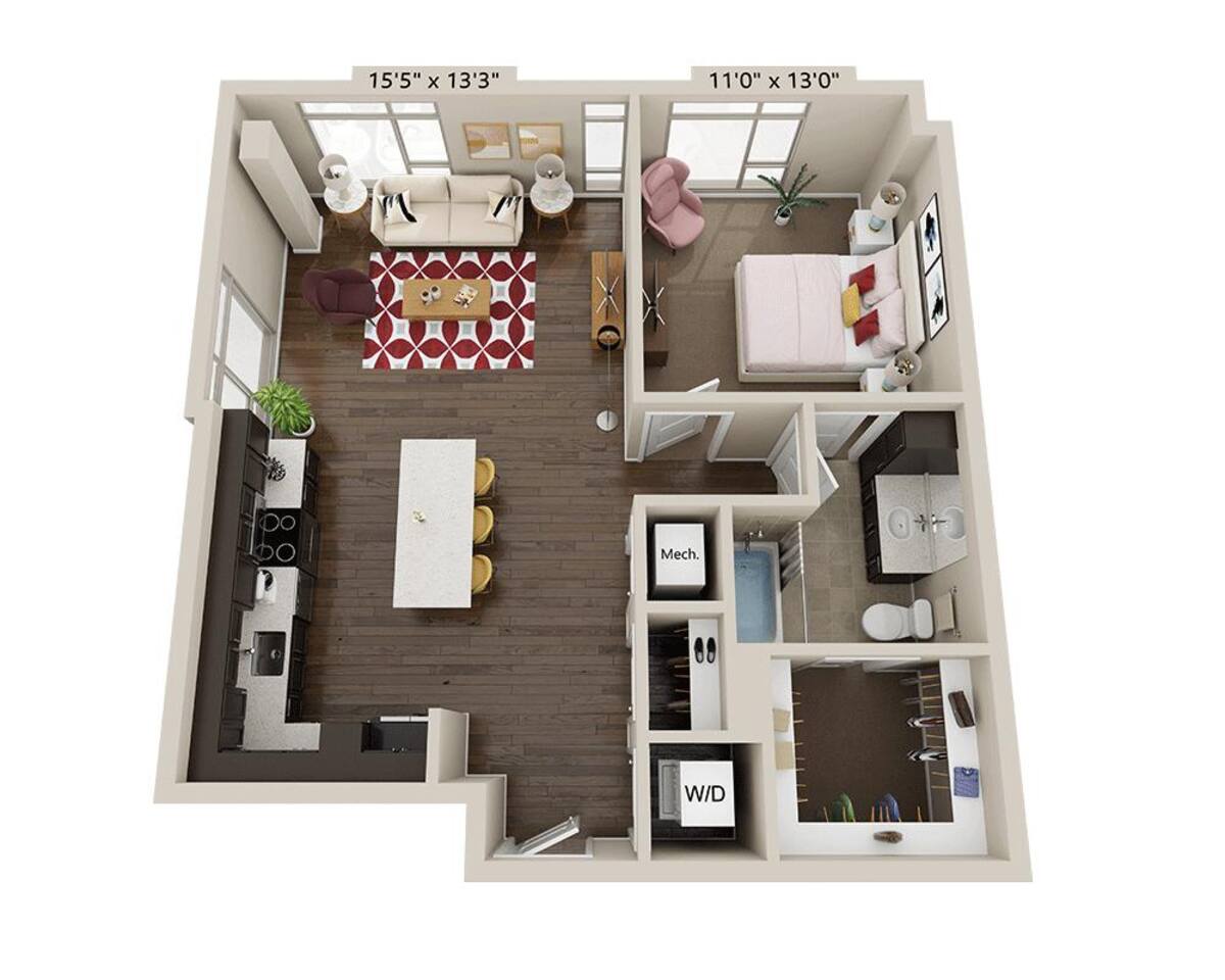 Floorplan diagram for One Bedroom A1Q, showing 1 bedroom
