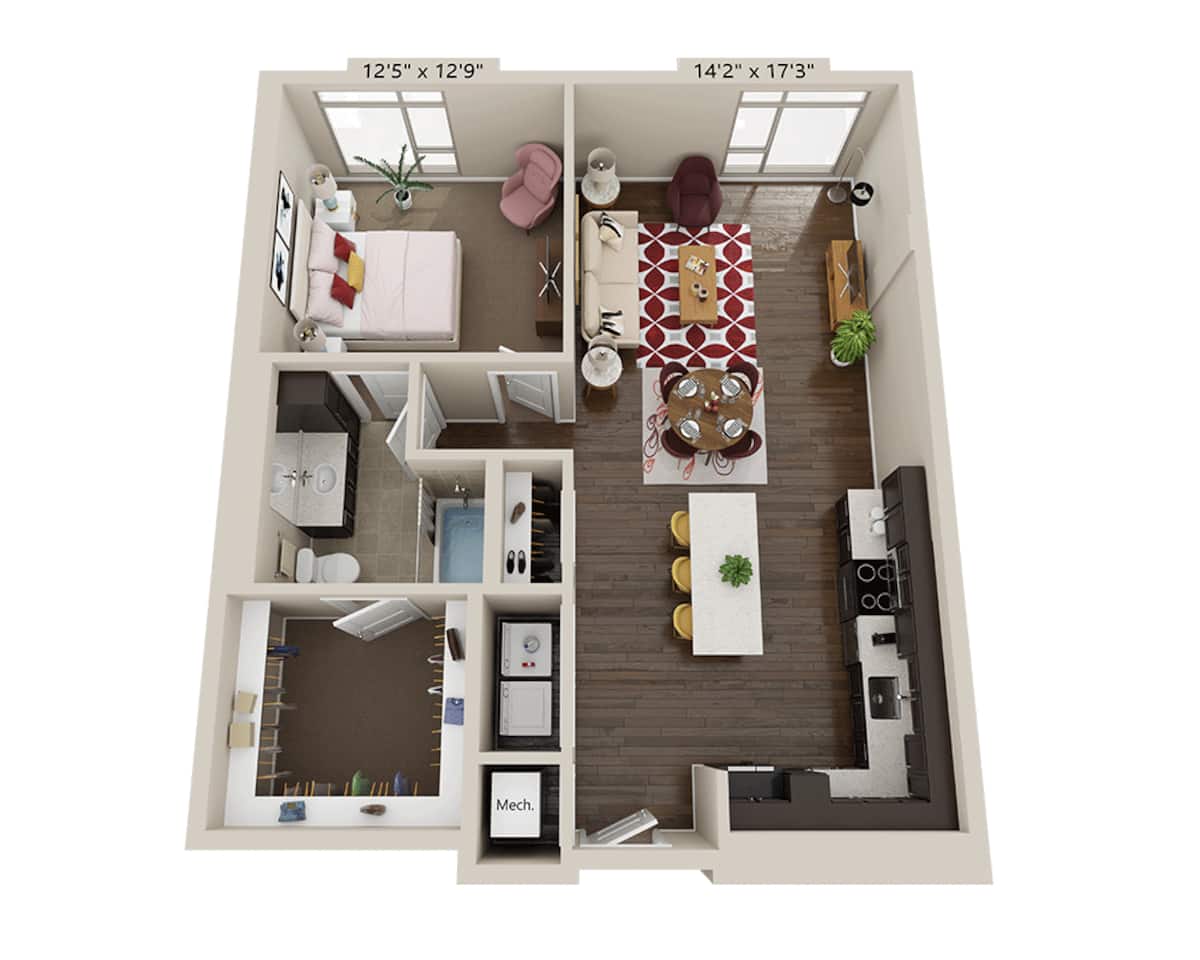 Floorplan diagram for One Bedroom A1U, showing 1 bedroom