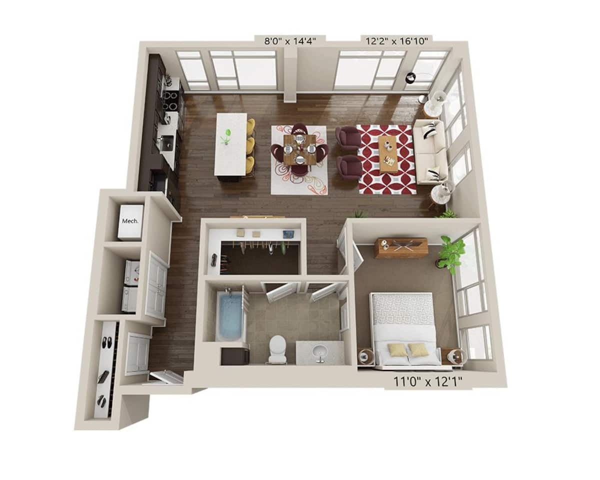 Floorplan diagram for One Bedroom A1V, showing 1 bedroom