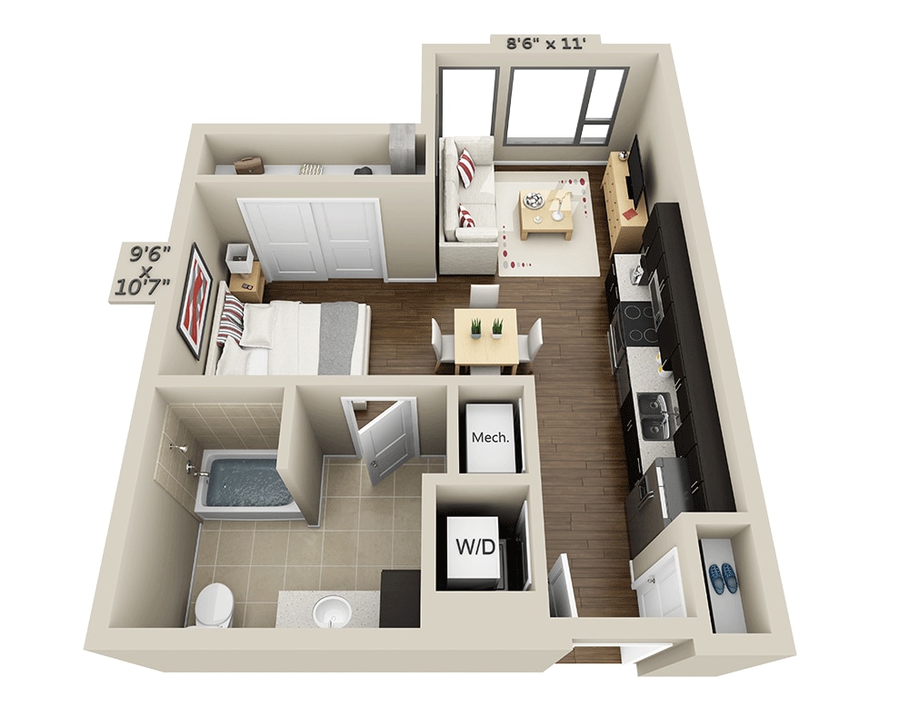 Floorplan diagram for Studio E1C, showing Studio