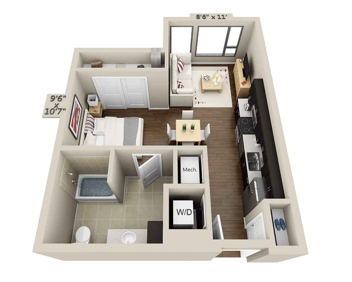 Floorplan diagram for Studio E1C, showing Studio