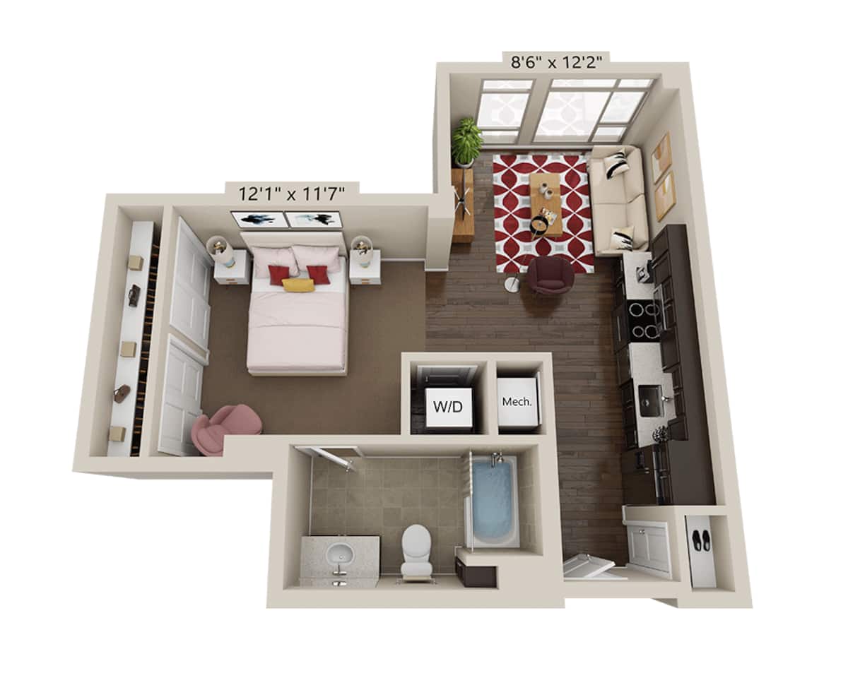 Floorplan diagram for Studio E1F, showing Studio