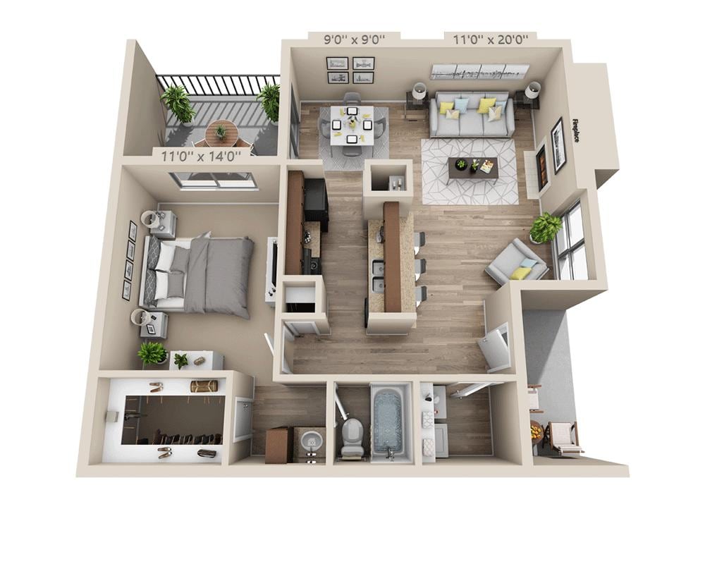 Plano de One Bedroom A1DRW, que muestra 1 habitación