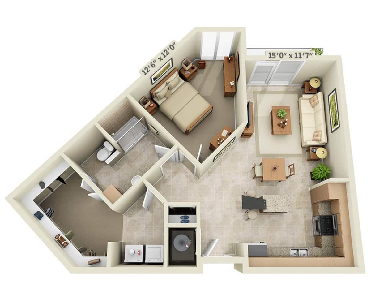 Floorplan diagram for One Bedroom A1F, showing 1 bedroom