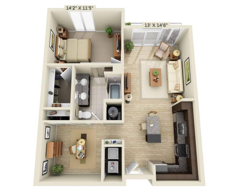 Floorplan diagram for One Bedroom Den Penthouse A1AD, showing 1 bedroom