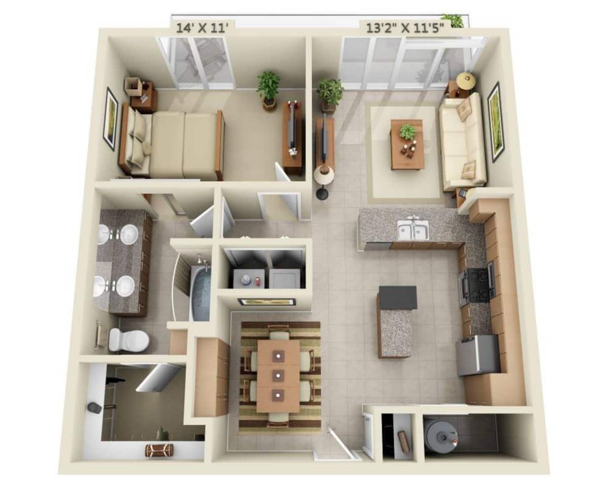 Floorplan diagram for One Bedroom Penthouse A1E-PH, showing 1 bedroom