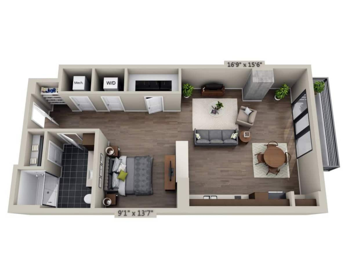 Floorplan diagram for E1B, showing Studio