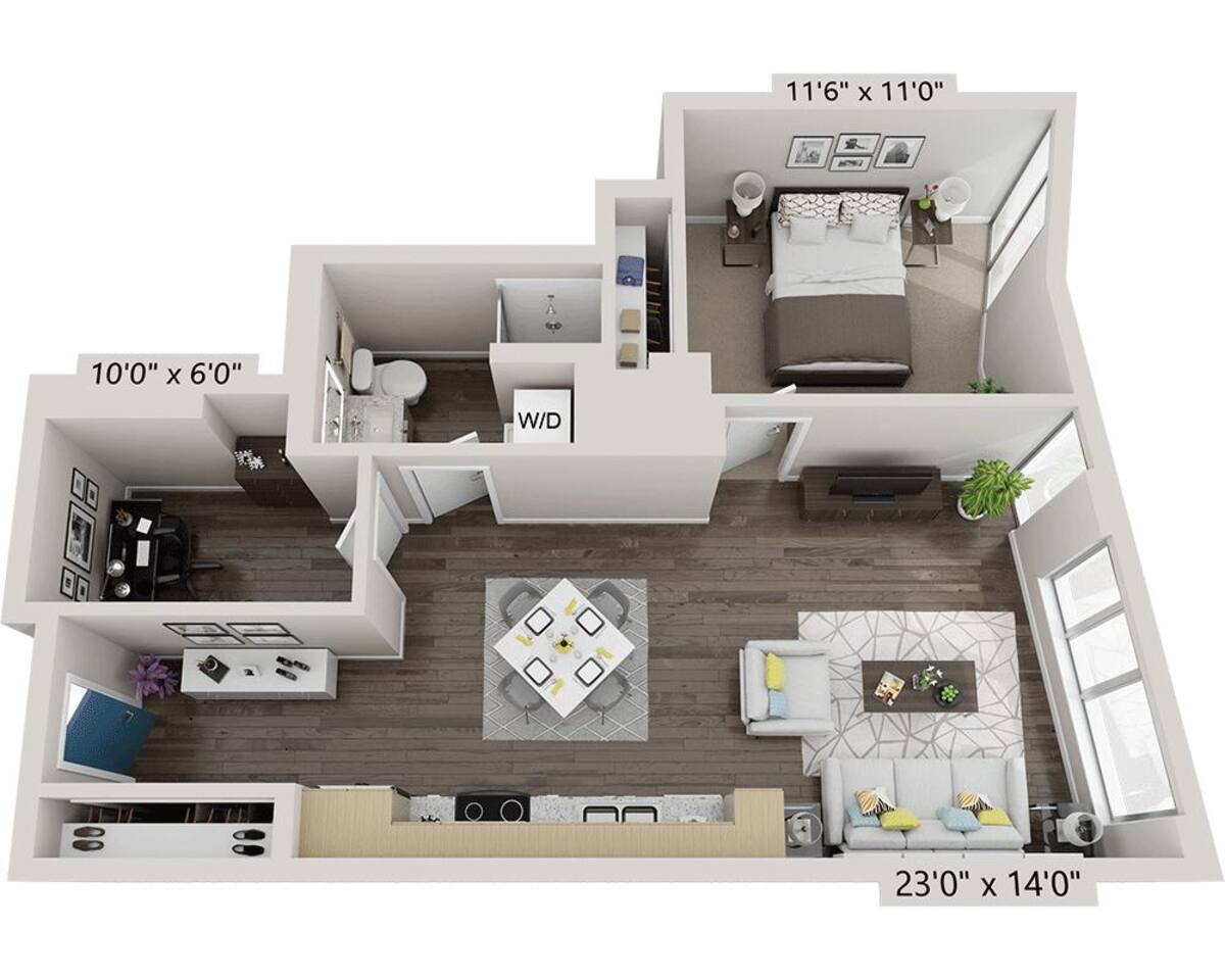 Floorplan diagram for One Bedroom + Den A1AD, showing 1 bedroom