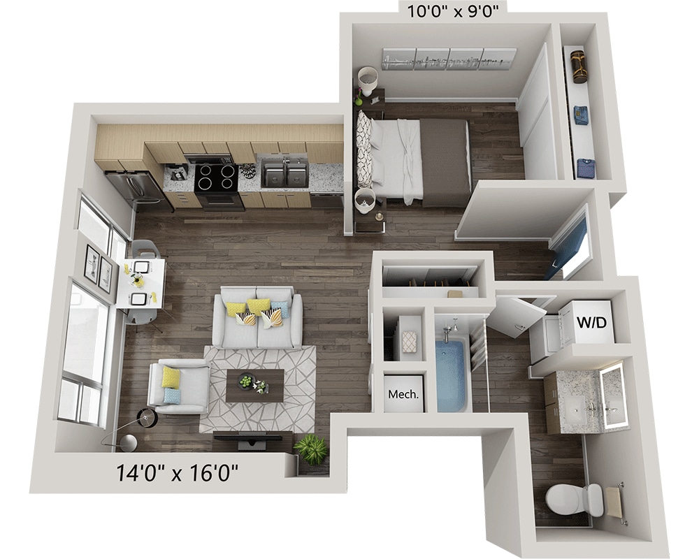 Plano de One Bedroom A1B, que muestra 1 habitación