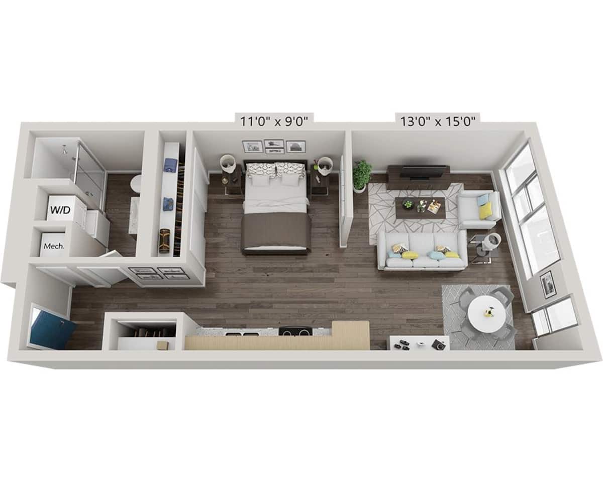 Floorplan diagram for One Bedroom A1E, showing 1 bedroom