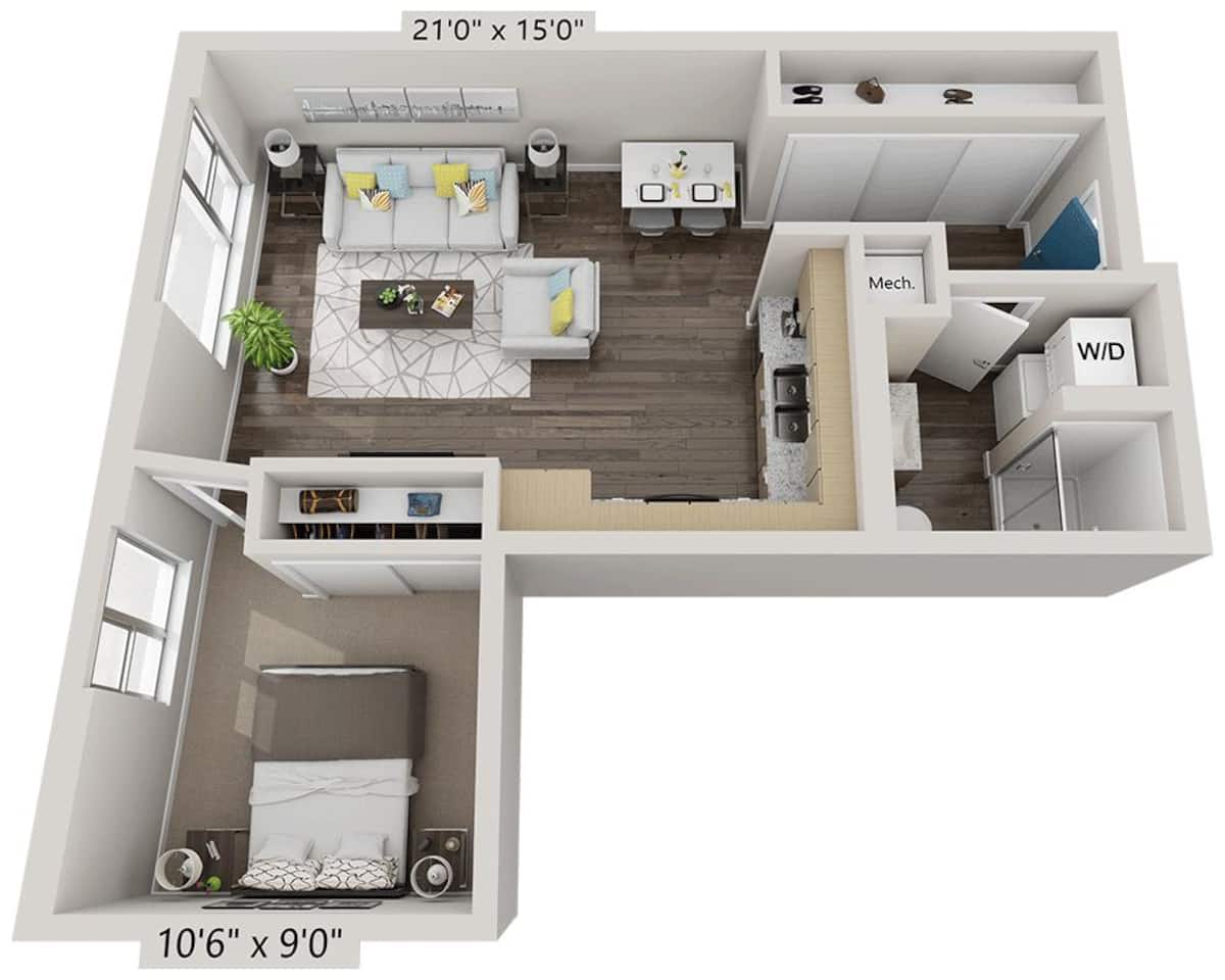 Floorplan diagram for One Bedroom A1F, showing 1 bedroom