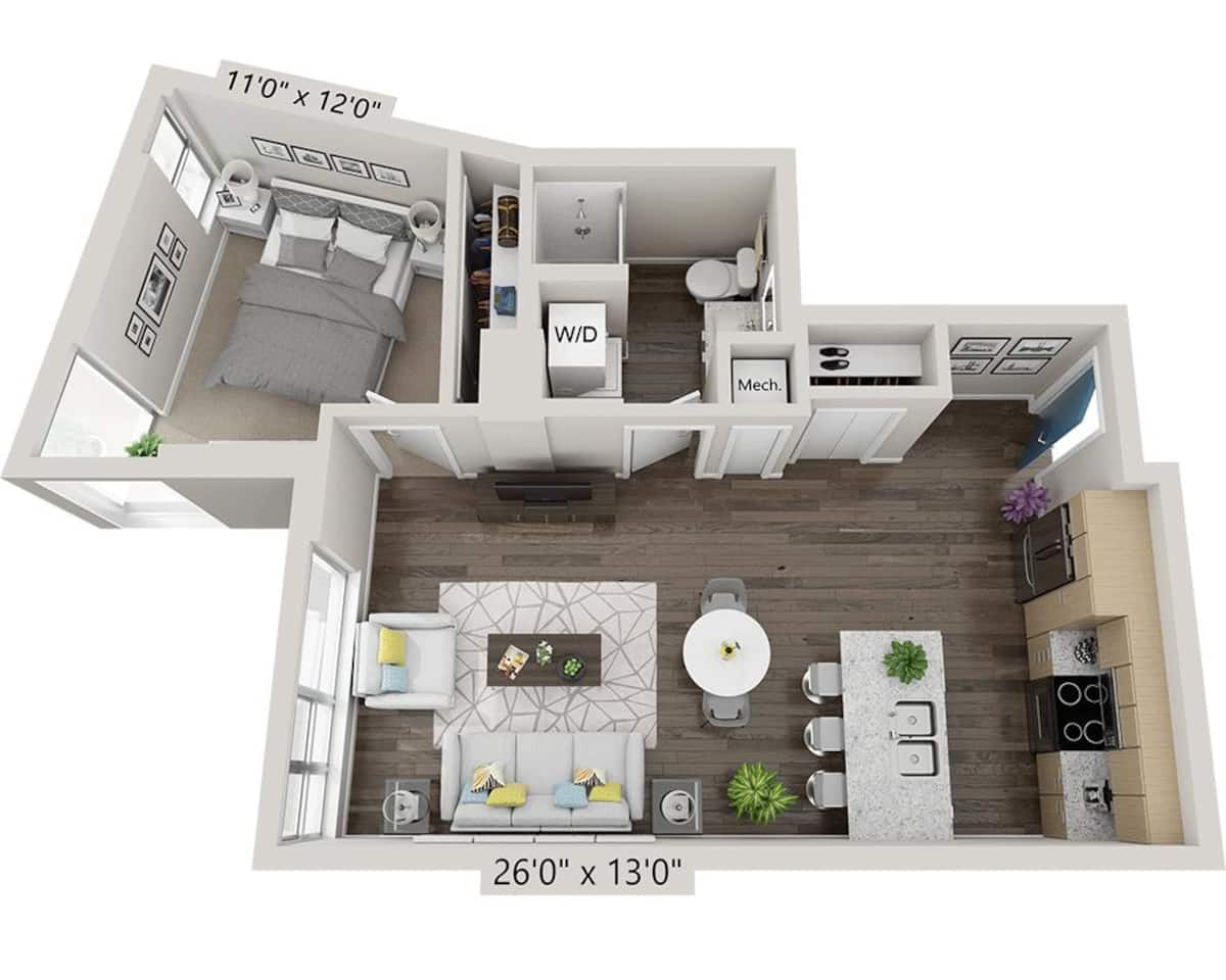 Floorplan diagram for One Bedroom A1O, showing 1 bedroom