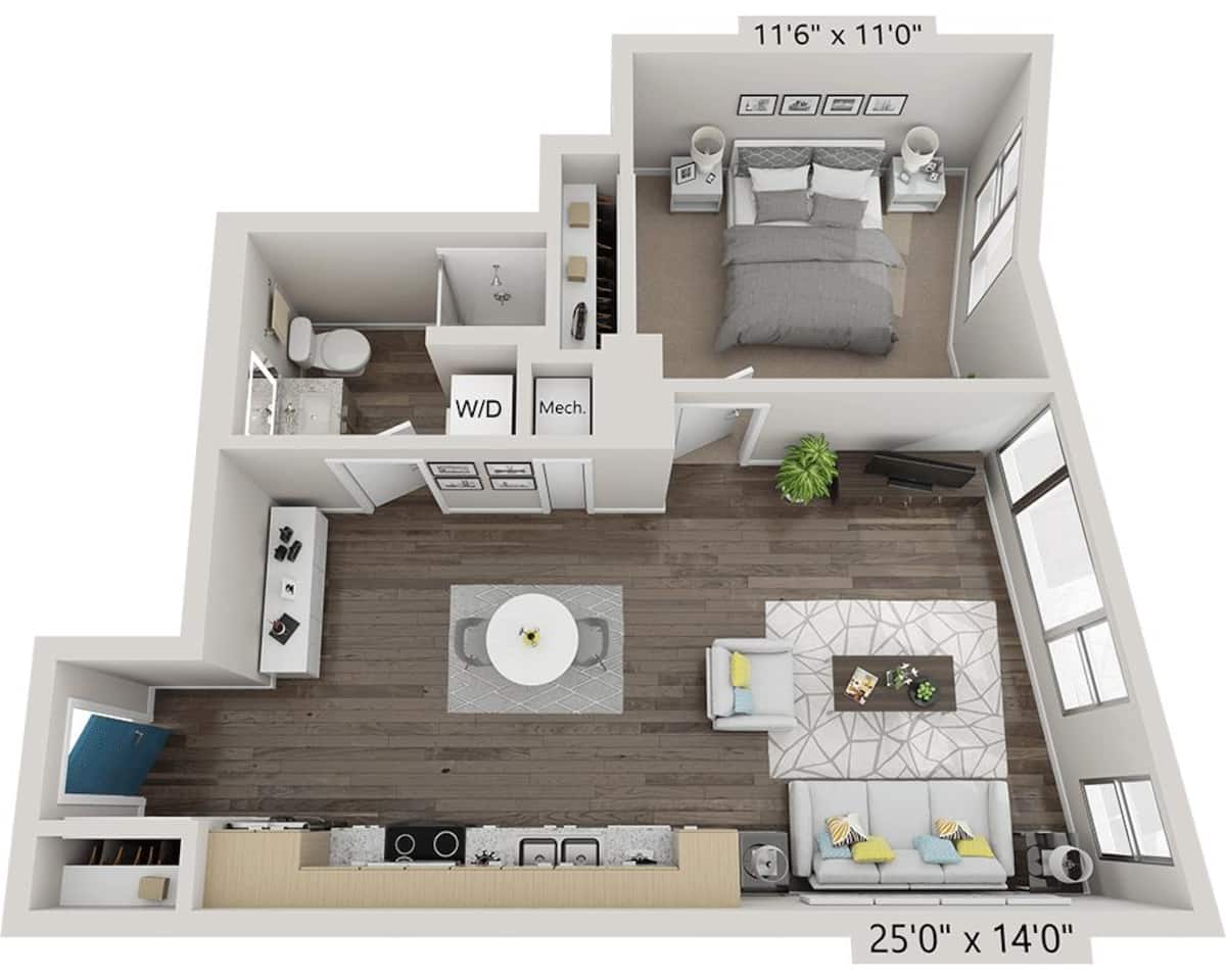 Floorplan diagram for One Bedroom A1Q, showing 1 bedroom