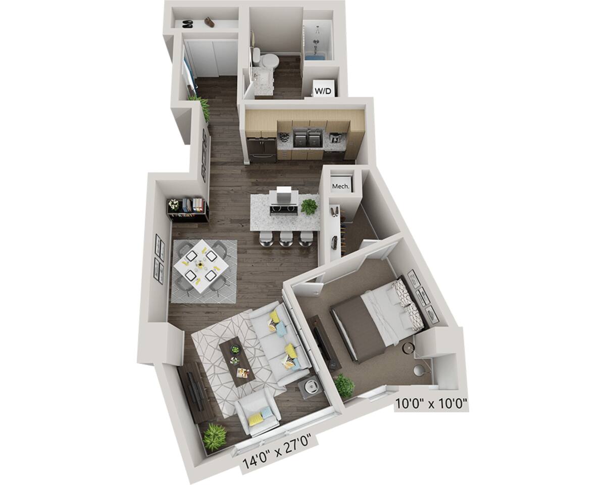 Floorplan diagram for One Bedroom A1U, showing 1 bedroom