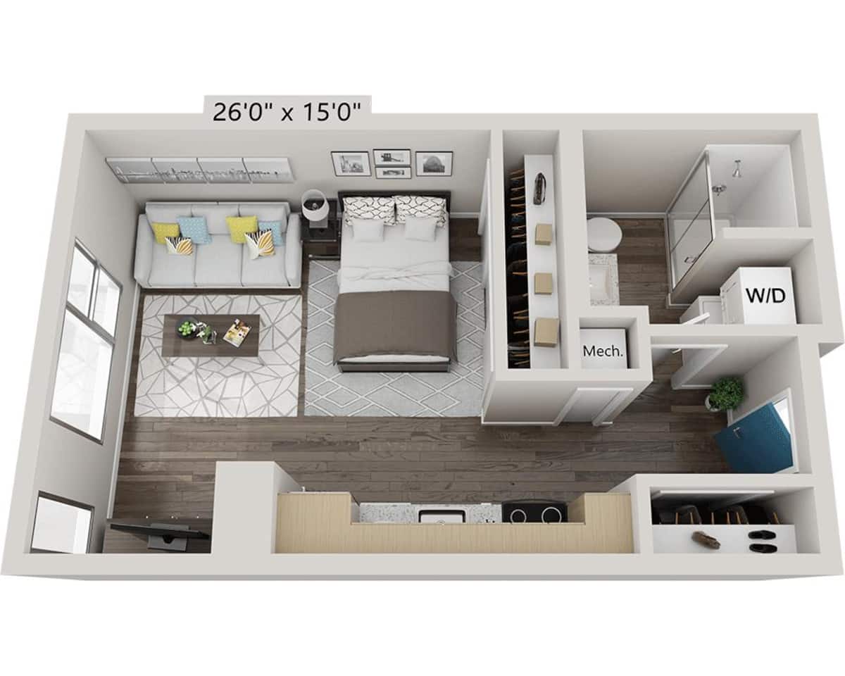 Floorplan diagram for Studio E1B, showing Studio
