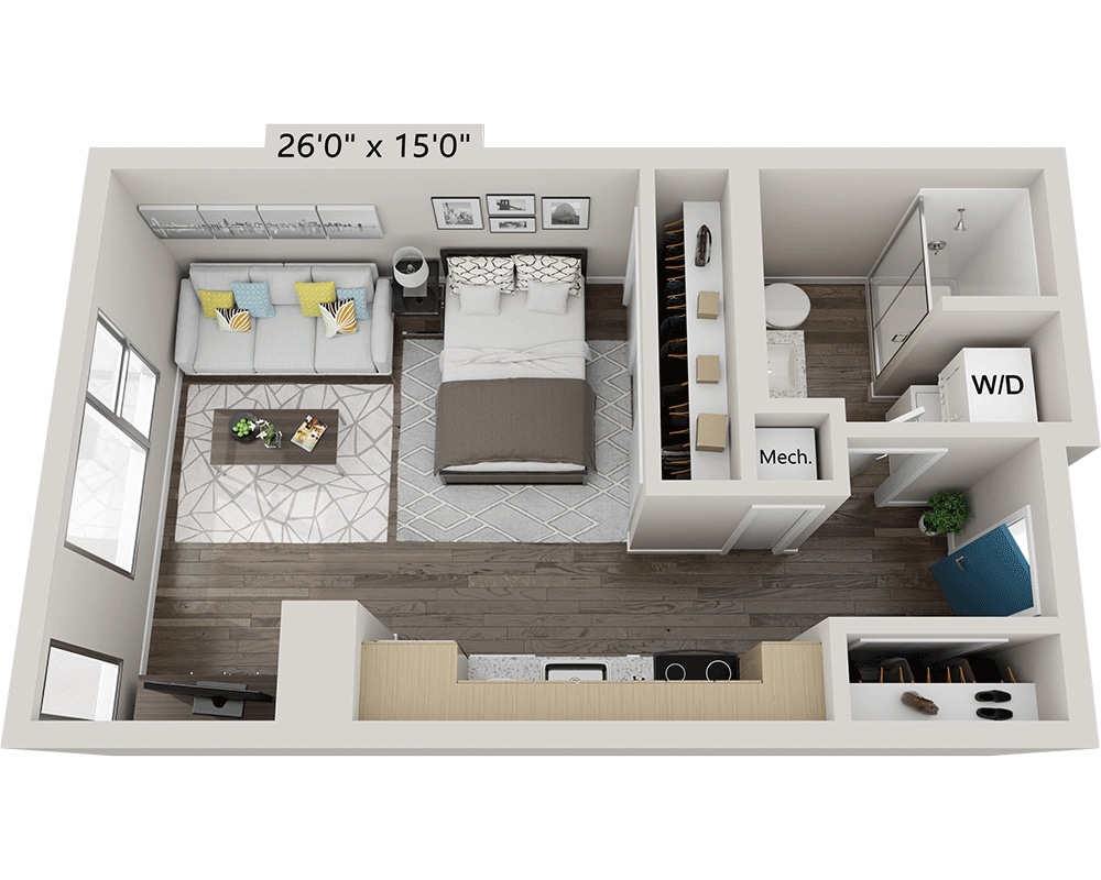 Telpu plānojuma diagramma: Studio E1C; rāda: Studijas tipa dzīvoklis