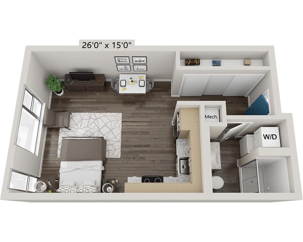 Floorplan diagram for Studio E1D, showing Studio
