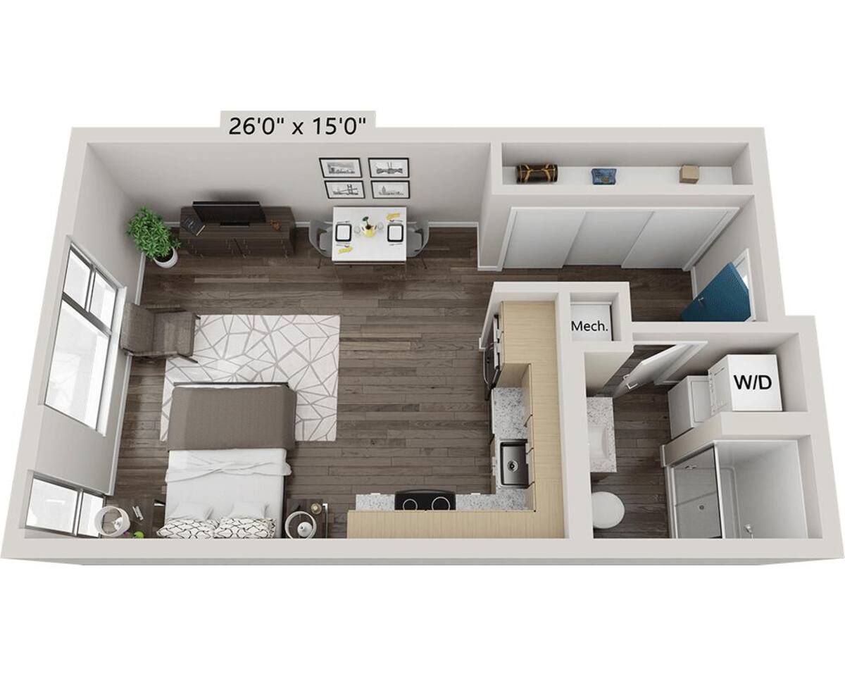 Floorplan diagram for Studio E1D, showing Studio