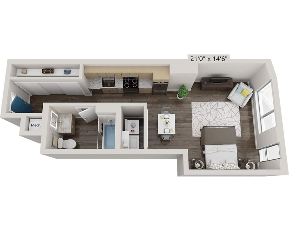 Floorplan diagram for Studio E1G, showing Studio