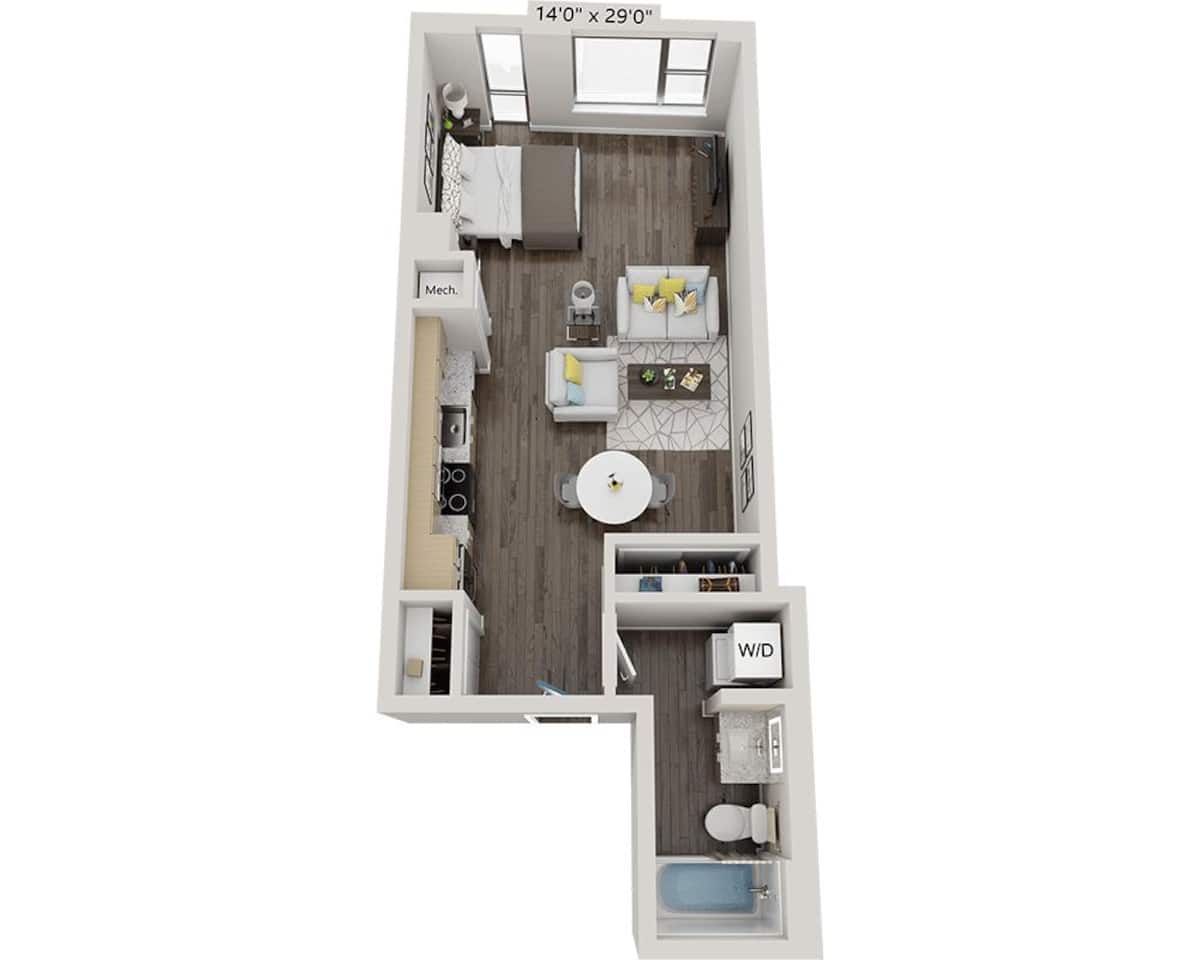 Floorplan diagram for Studio E1I, showing Studio