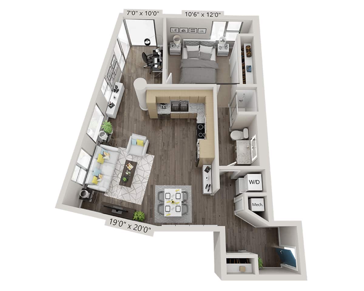 Floorplan diagram for One Bedroom + Den A1BD, showing 1 bedroom