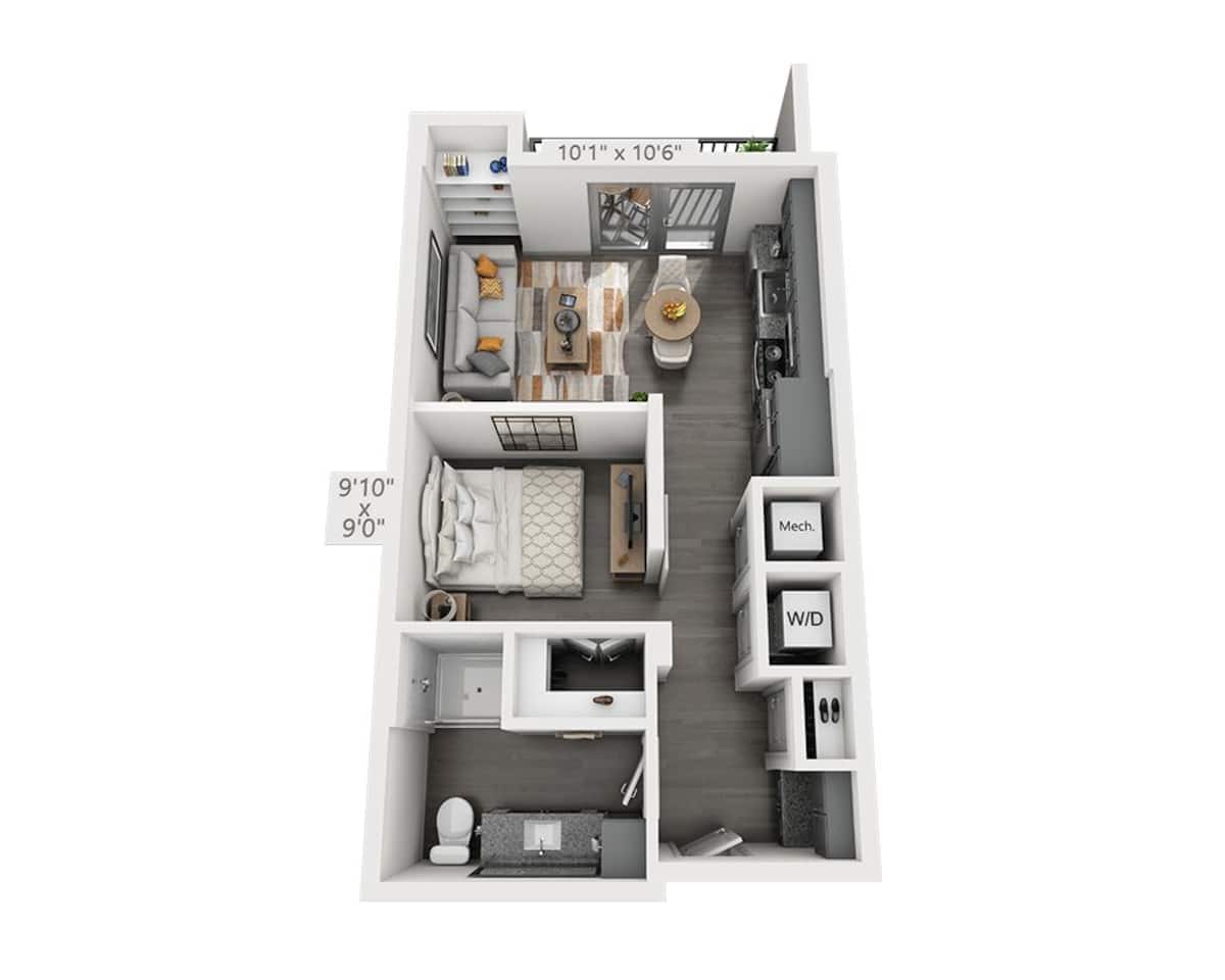 Floorplan diagram for Studio E1F-II, showing Studio