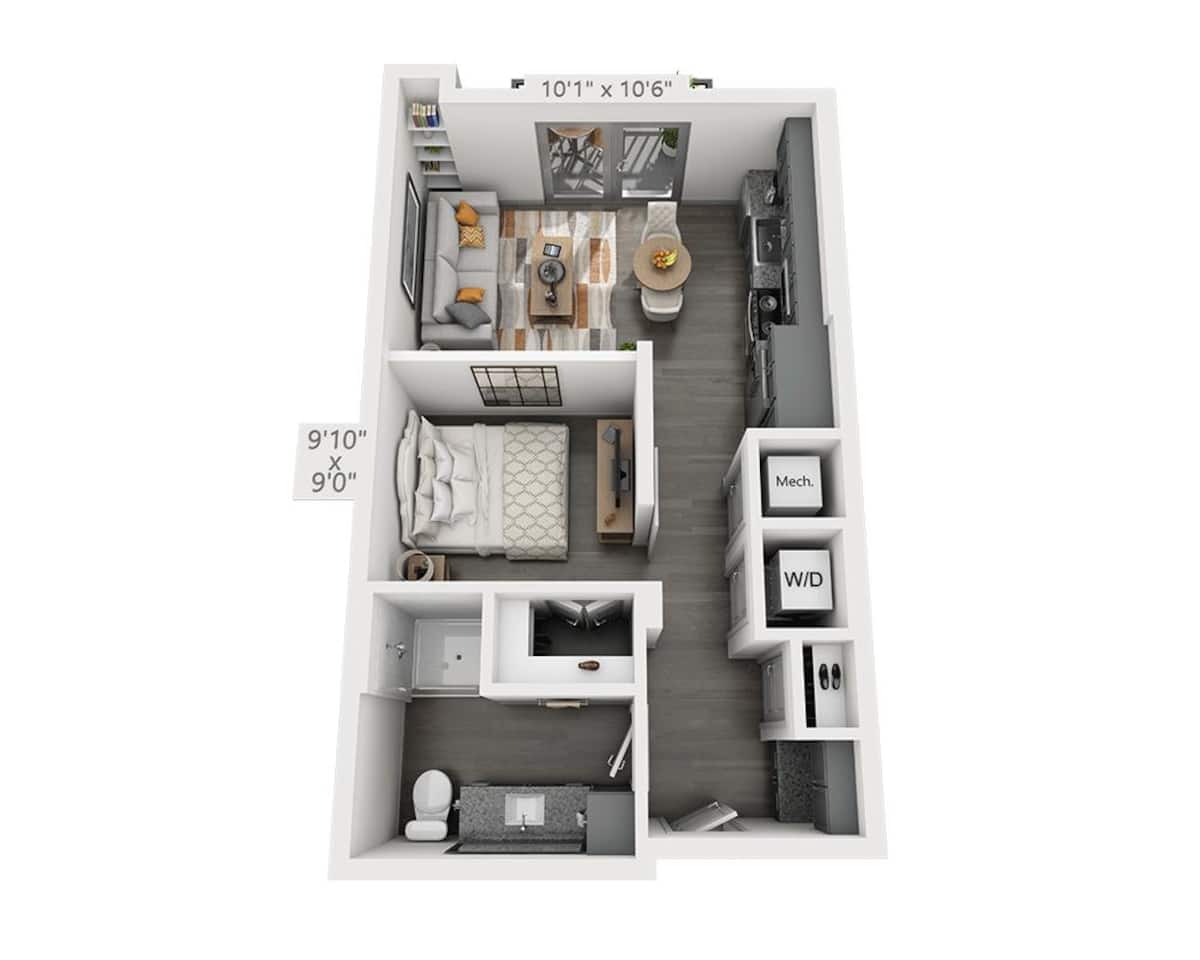 Floorplan diagram for Studio E1G-II, showing Studio
