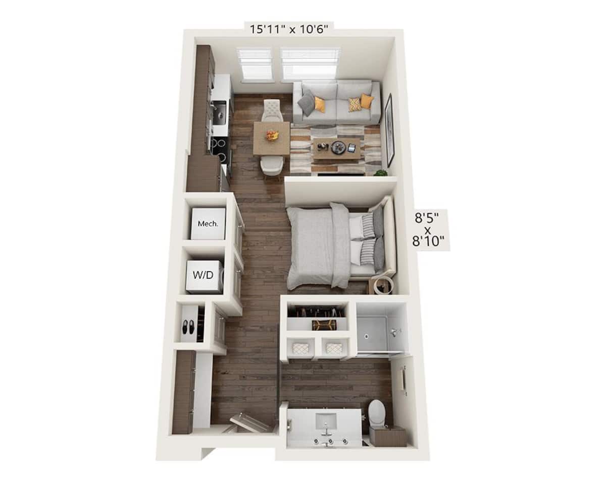 Floorplan diagram for Studio E1A-III, showing Studio