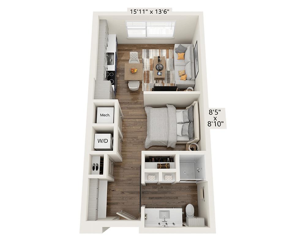 Floorplan diagram for Studio E1B-III, showing Studio
