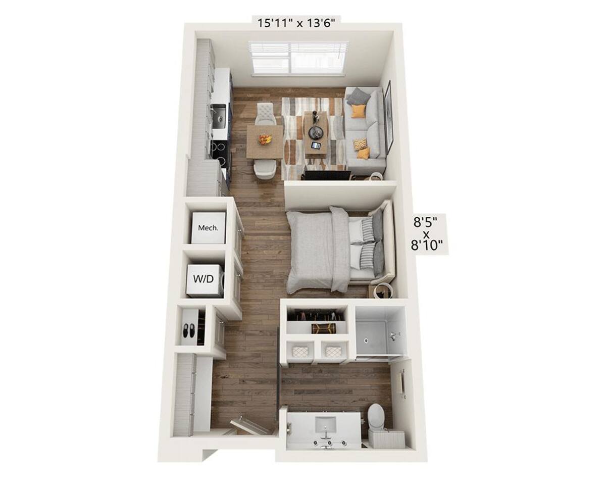 Floorplan diagram for Studio E1B-III, showing Studio