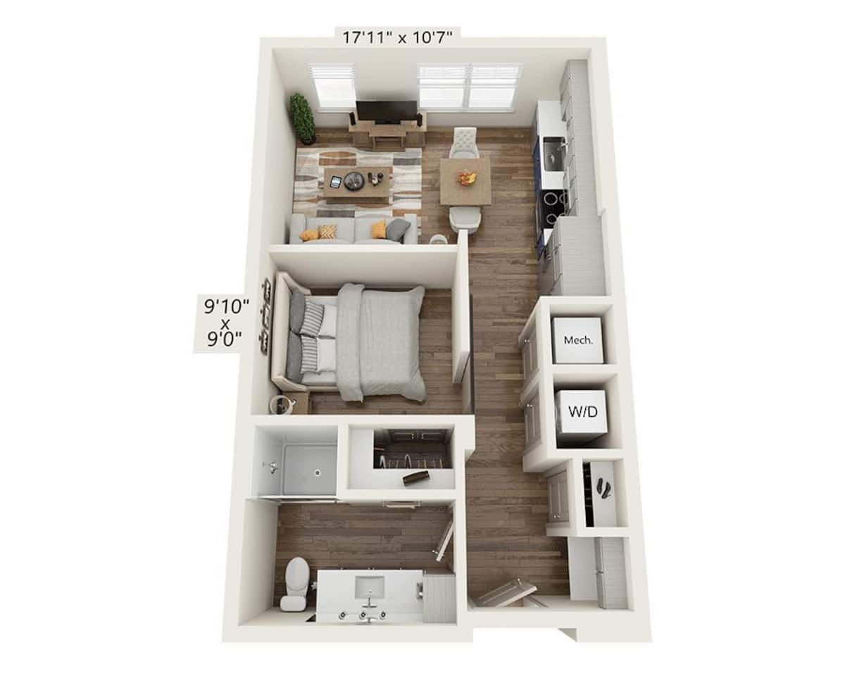 Floorplan diagram for Studio E1C-III, showing Studio