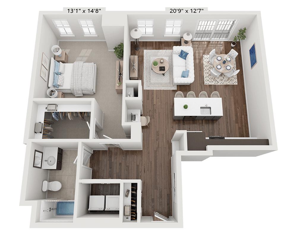 Diagrama da planta baixa para One Bedroom A1E, mostrando 1 quarto(s)
