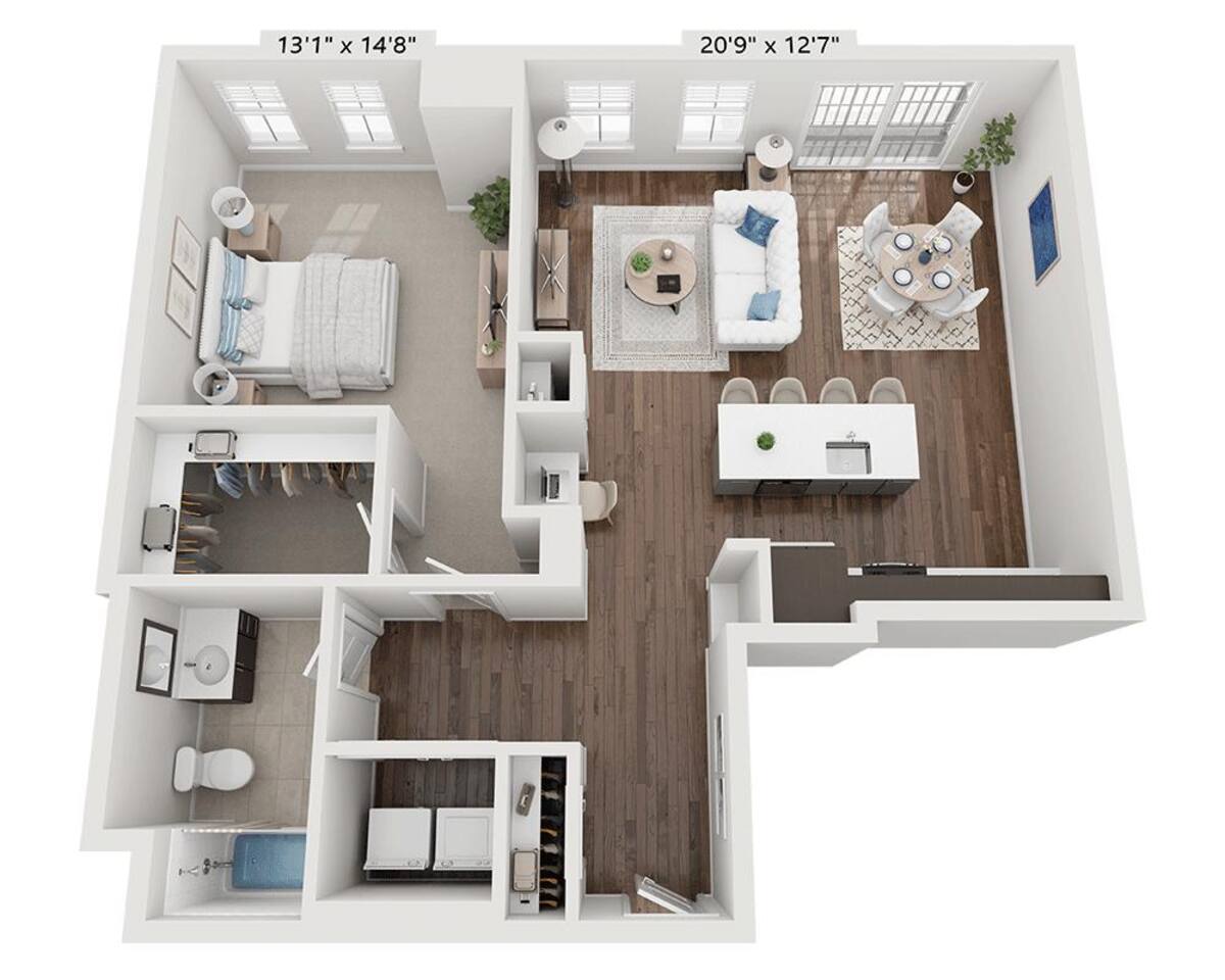 Floorplan diagram for One Bedroom A1E, showing 1 bedroom