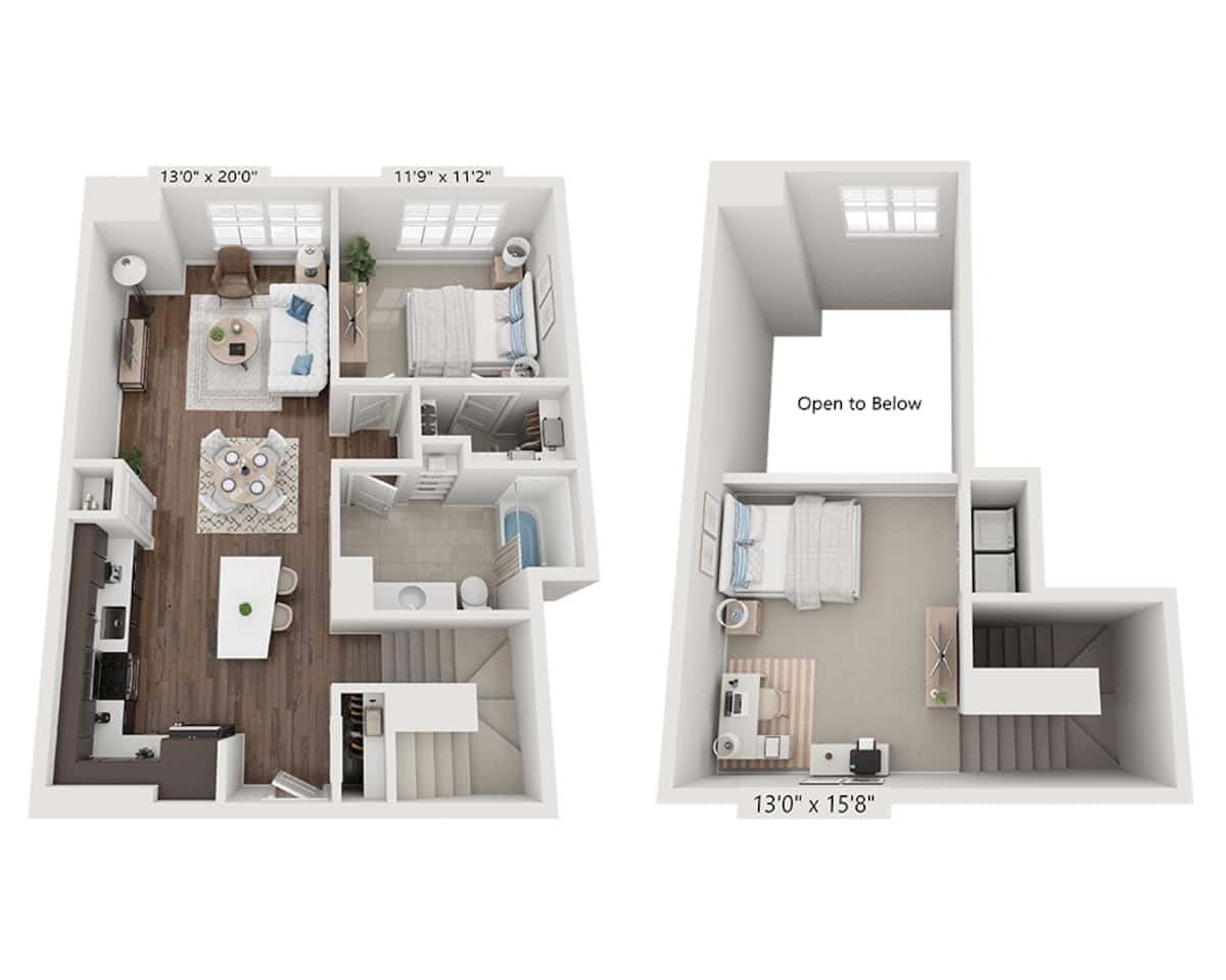 Floorplan diagram for One Bedroom Loft A1FL, showing 1 bedroom