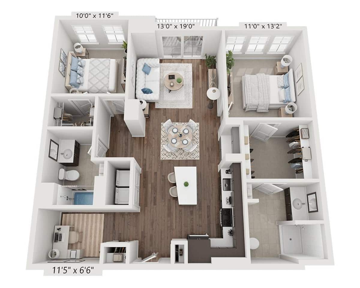 Floorplan diagram for Two Bedroom B2A, showing 2 bedroom