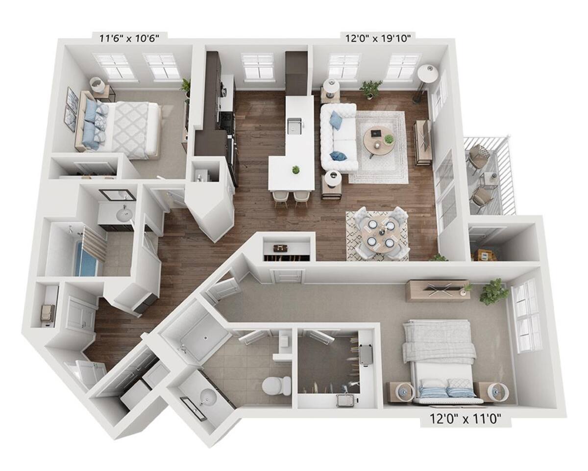 Floorplan diagram for Two Bedroom B2B, showing 2 bedroom