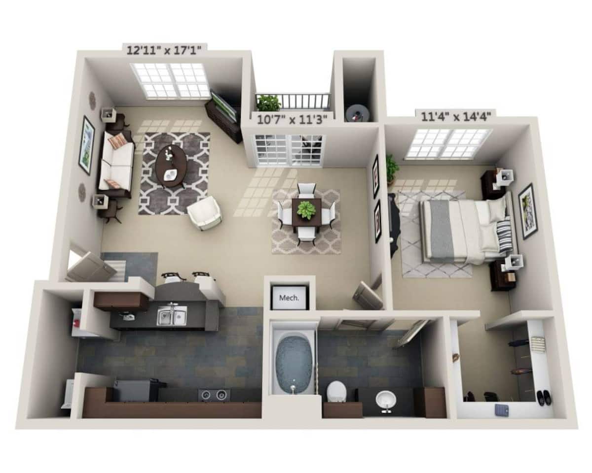 Floorplan diagram for Plan B (A1B), showing 1 bedroom