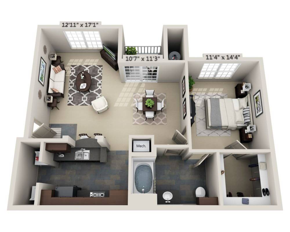 Sơ đồ mặt bằng cho Plan Ba (A1C), hiển thị 1 phòng ngủ
