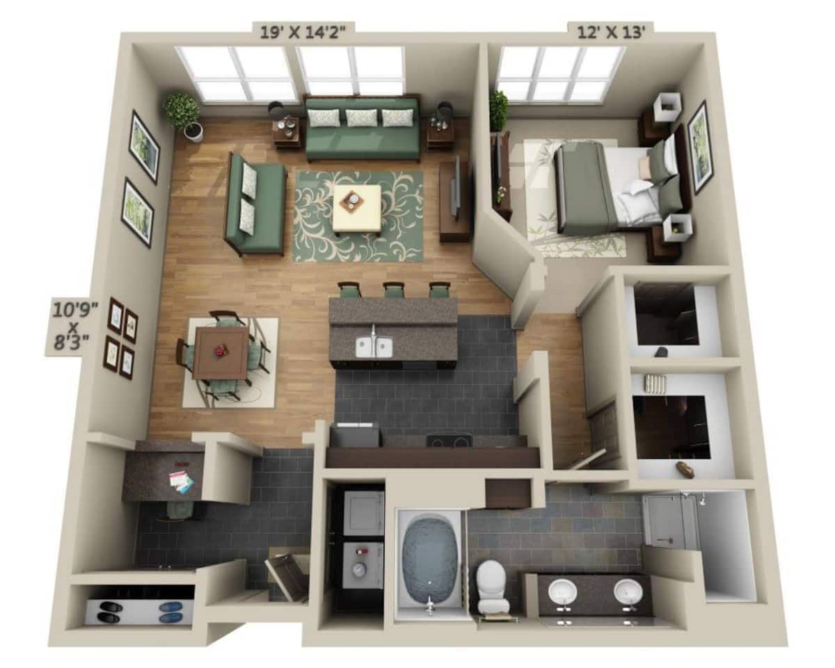 Floorplan diagram for Plan D (A1D), showing 1 bedroom