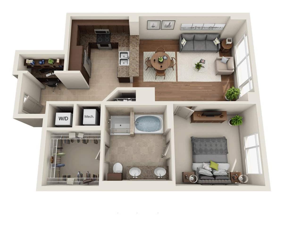 Floorplan diagram for Plan D (A1D), showing 1 bedroom