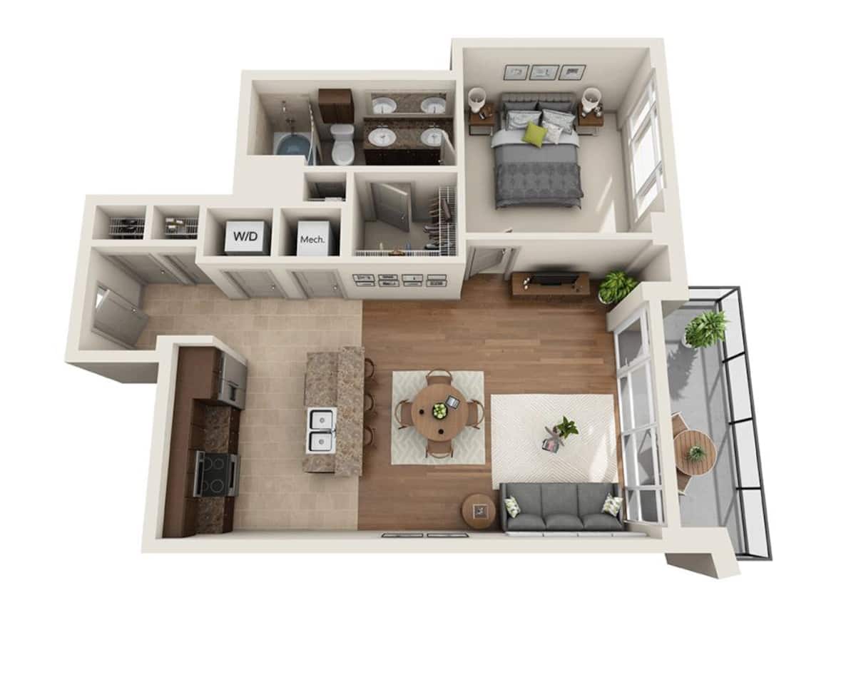 Floorplan diagram for Plan E (A1E), showing 1 bedroom