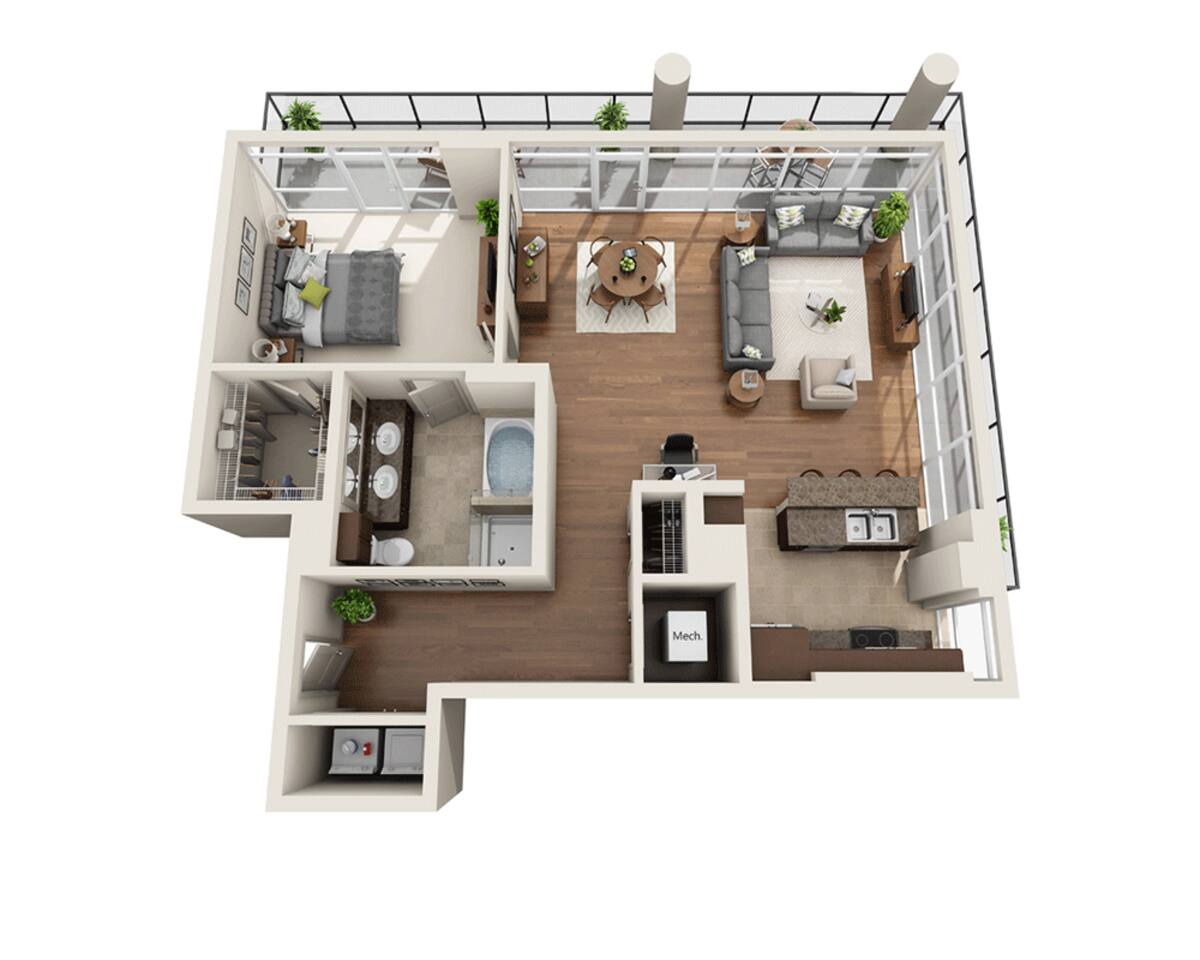 Floorplan diagram for Plan J (A1J), showing 1 bedroom