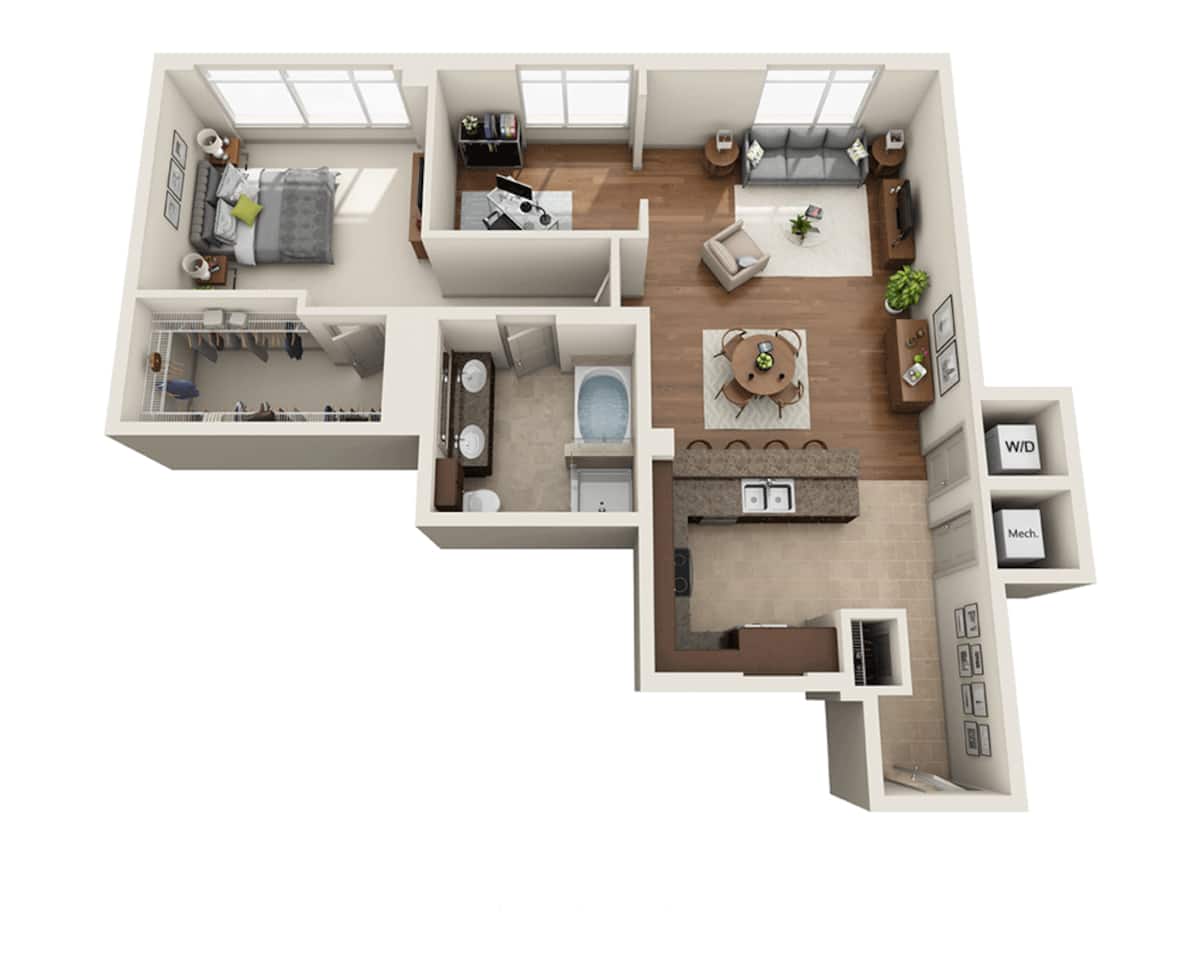 Floorplan diagram for Plan K (A1AD), showing 1 bedroom